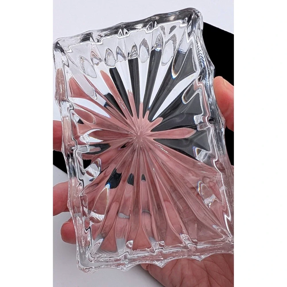 Vintage Clear Pressed Glass Trinket Box Starburst Sunburst Rectangular Lid 5in